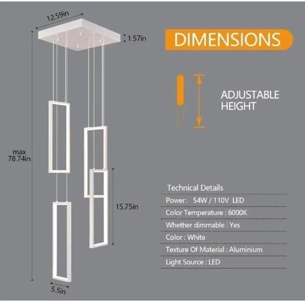 Modern  Dimmable Pendant 4 Light Chandelier  White 54W LED Pendant Light